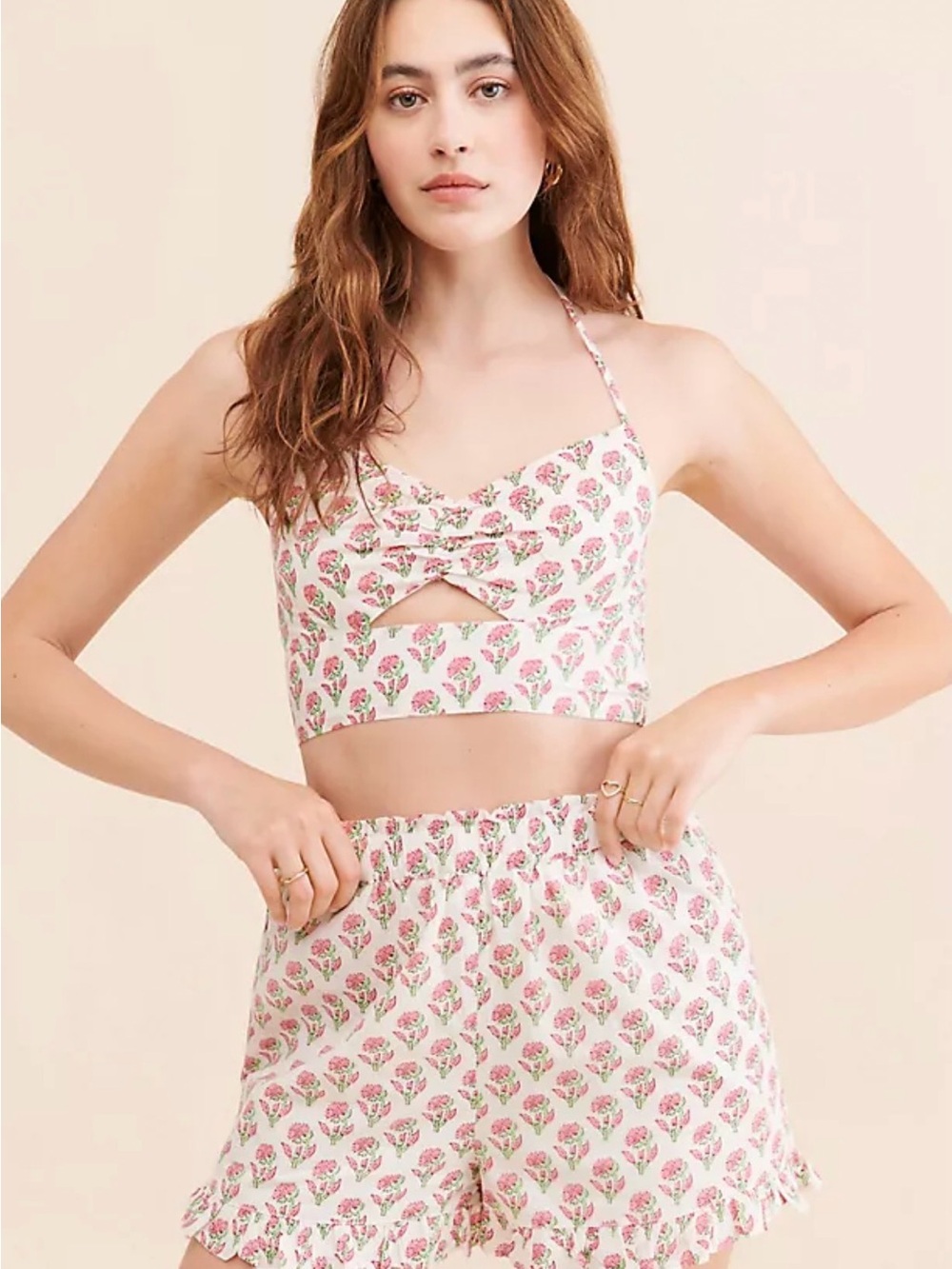 Floral Cutout Crop Top & Shorts Set - Pink Floral